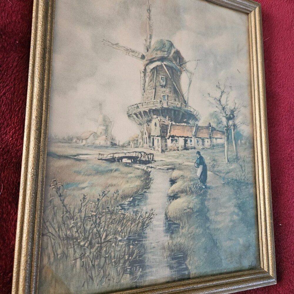 vintage print of windmill at Wijk bij Duurstede in the Netherlands